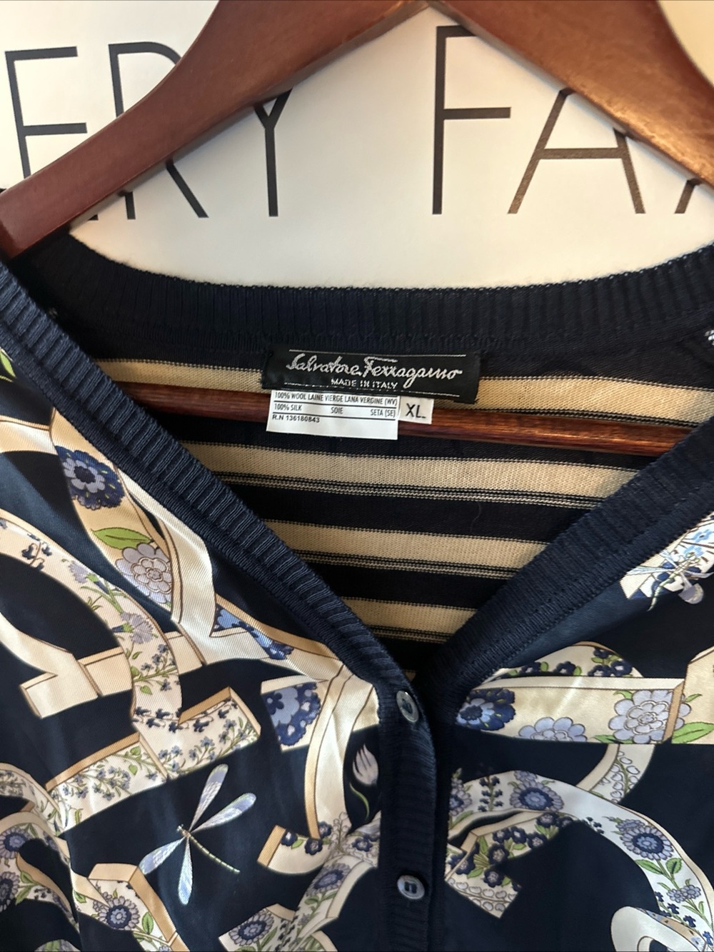 Salvatore Ferragamo Navy, Cream & Black Patterned Cardigan - Picture 3 of 8